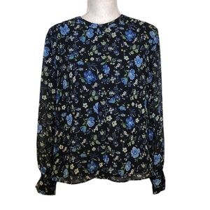 BANANA REPUBLIC Floral Blouse Women's Size Small Black Blue Long Sleeve